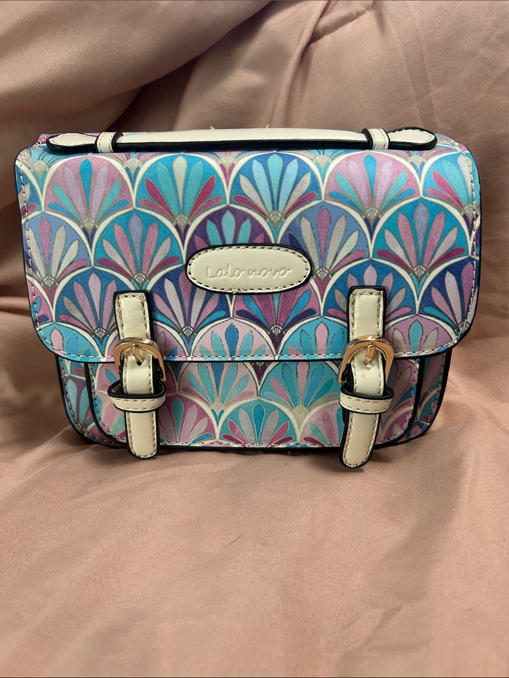 Lalo Novo Retro Geometric Camera Bag with Stap New Purple Blue Deco Fan Pattern